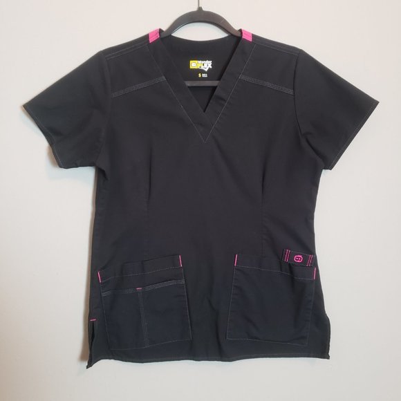 WonderWink WonderFlex Black Embroidered V-Neck Cargo Zip Jogger Scrub Set Small - Picture 3 of 15